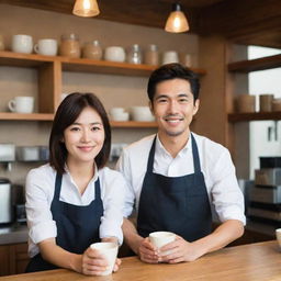 A charming Japanese couple, both proprietors of their own coffee shop, are seen working harmoniously together, their shared passion evident in the warm ambiance of the place.