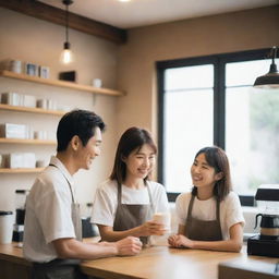 A candid image of a Japanese couple, brightly illuminated by natural light, as they operate their own coffee shop with dedicated focus and love, instilling the establishment with an authentic and comfy atmosphere.