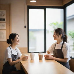 A candid image of a Japanese couple, brightly illuminated by natural light, as they operate their own coffee shop with dedicated focus and love, instilling the establishment with an authentic and comfy atmosphere.