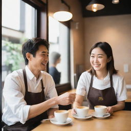 A candid image of a Japanese couple, brightly illuminated by natural light, as they operate their own coffee shop with dedicated focus and love, instilling the establishment with an authentic and comfy atmosphere.