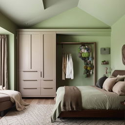 Cozy bedroom decoration, light green walls, dark brown wooden wardrobe, two beds, square room layout, modern chic style with decorative pillows, area rug, and subtle wall art.