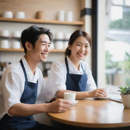 A candid image of a Japanese couple, brightly illuminated by natural light, as they operate their own coffee shop with dedicated focus and love, instilling the establishment with an authentic and comfy atmosphere.