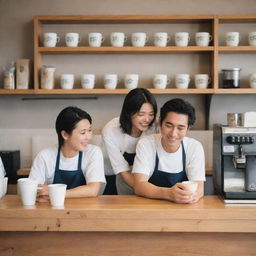 A quaint, candid image of a Japanese couple working in harmony behind the counter of their own coffee shop. Their dedication and affection radiating, making the atmosphere aesthetic and inviting.