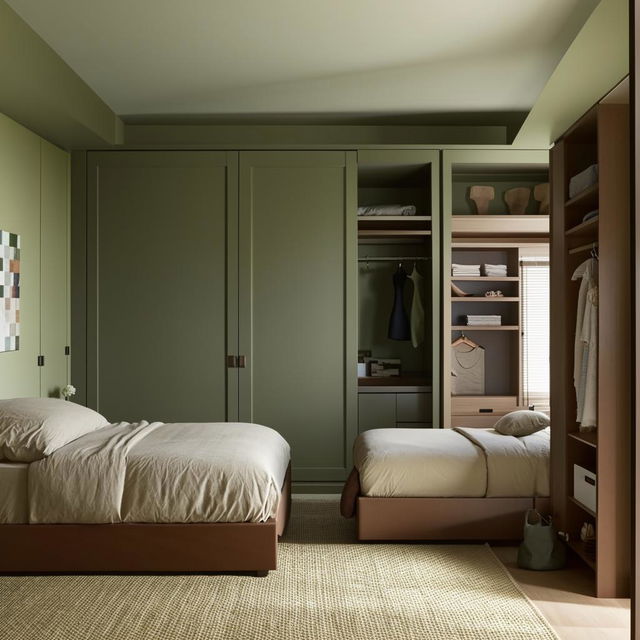 Cozy bedroom decoration, light green walls, dark brown wooden wardrobe, two beds, square room layout, modern chic style with decorative pillows, area rug, and subtle wall art.