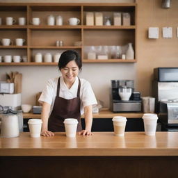 A quaint, candid image of a Japanese couple working in harmony behind the counter of their own coffee shop. Their dedication and affection radiating, making the atmosphere aesthetic and inviting.