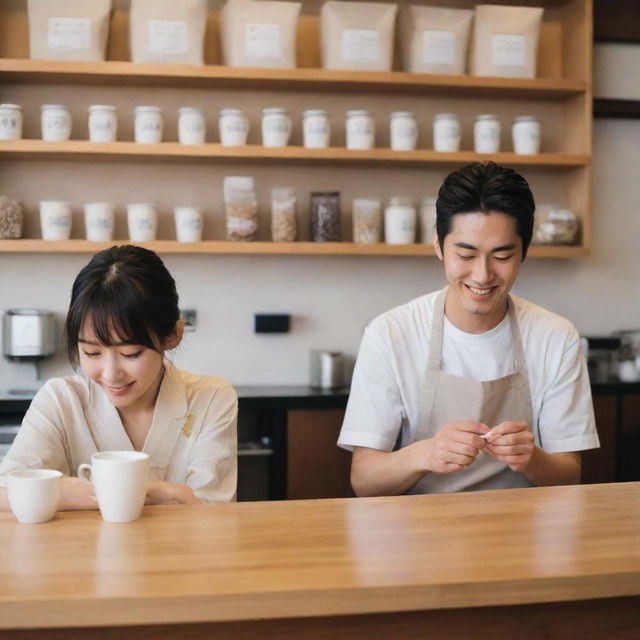 A quaint, candid image of a Japanese couple working in harmony behind the counter of their own coffee shop. Their dedication and affection radiating, making the atmosphere aesthetic and inviting.