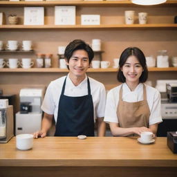 A quaint, candid image of a Japanese couple working in harmony behind the counter of their own coffee shop. Their dedication and affection radiating, making the atmosphere aesthetic and inviting.