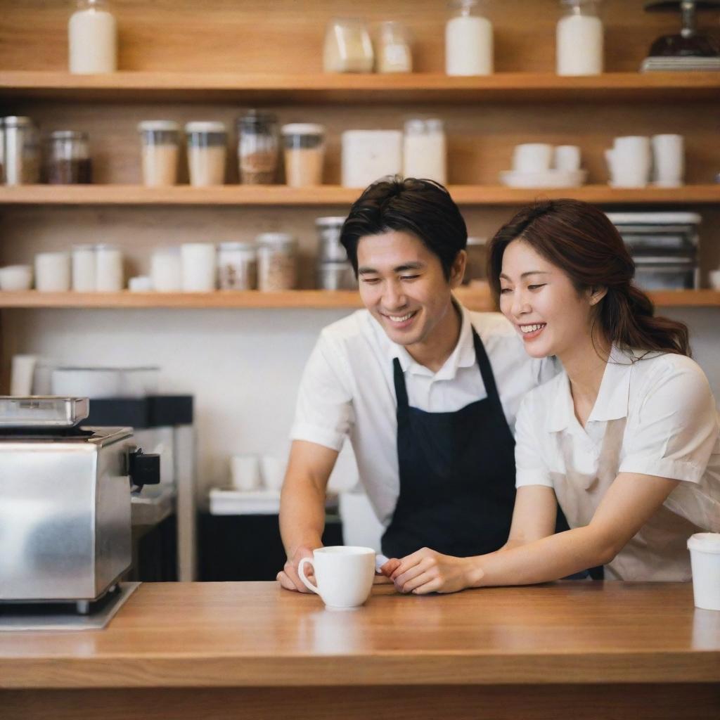 A beautifully candid and highly aesthetic image of a Japanese couple behind the counter in their owned coffee shop, passionately working together, creating a warm and serene ambiance.