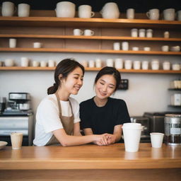 A beautifully candid and highly aesthetic image of a Japanese couple behind the counter in their owned coffee shop, passionately working together, creating a warm and serene ambiance.