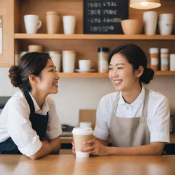 A beautifully candid and highly aesthetic image of a Japanese couple behind the counter in their owned coffee shop, passionately working together, creating a warm and serene ambiance.