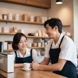 A beautifully candid and highly aesthetic image of a Japanese couple behind the counter in their owned coffee shop, passionately working together, creating a warm and serene ambiance.