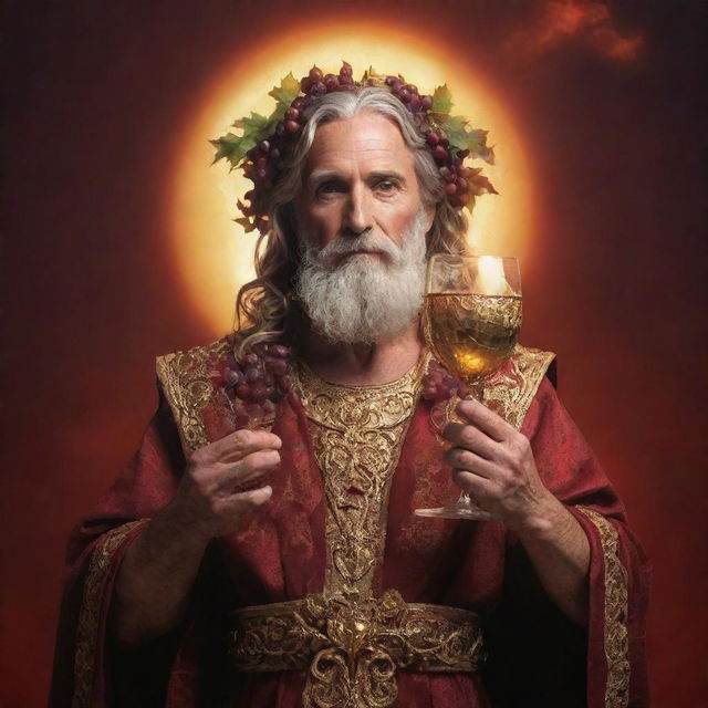 A majestic god of wine, adorned in grapevine, holding a glowing golden chalice filled with shimmering red wine against a celestial backdrop