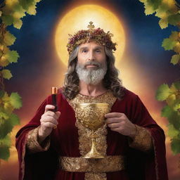 A majestic god of wine, adorned in grapevine, holding a glowing golden chalice filled with shimmering red wine against a celestial backdrop