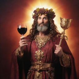 A majestic god of wine, adorned in grapevine, holding a glowing golden chalice filled with shimmering red wine against a celestial backdrop