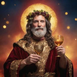 A majestic god of wine, adorned in grapevine, holding a glowing golden chalice filled with shimmering red wine against a celestial backdrop