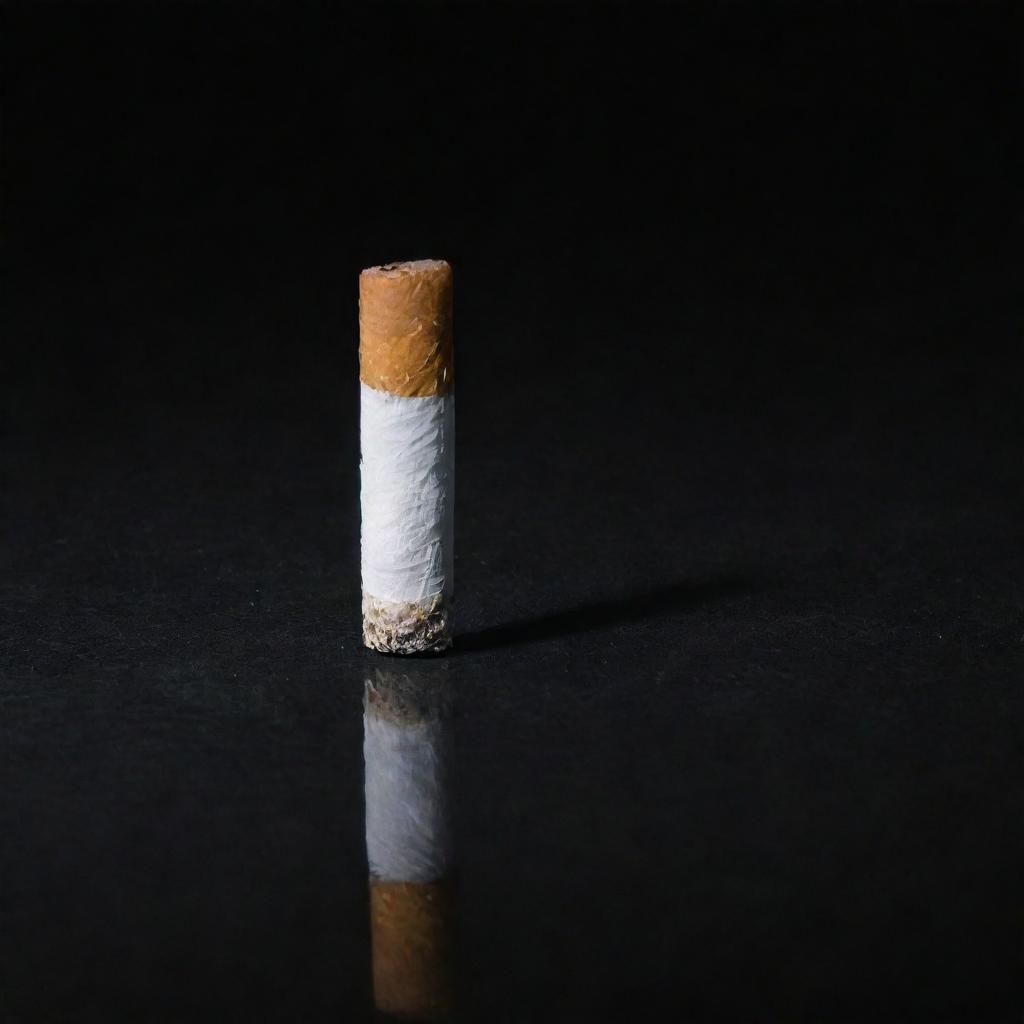 Close-up view of a single, unlit cigarette on a dark, reflective surface, with emphasis on texture and details