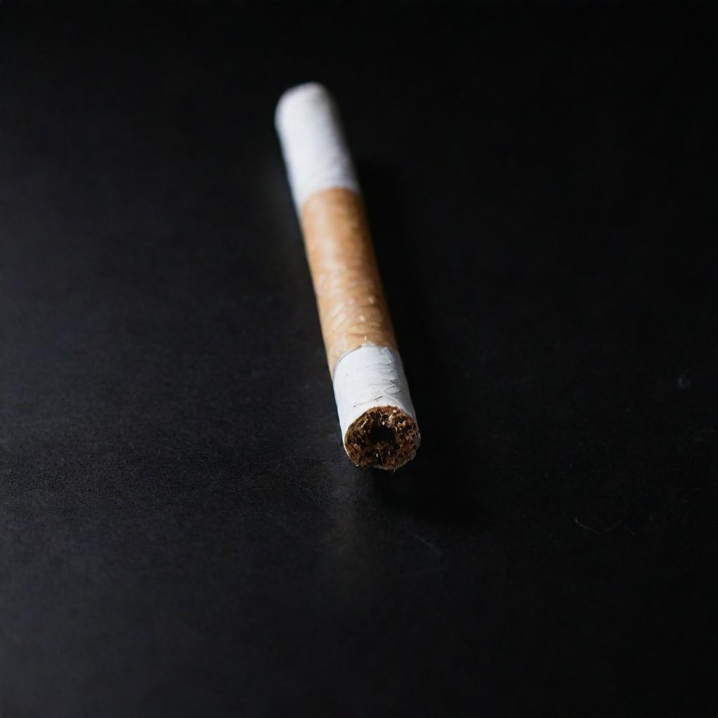 Close-up view of a single, unlit cigarette on a dark, reflective surface, with emphasis on texture and details