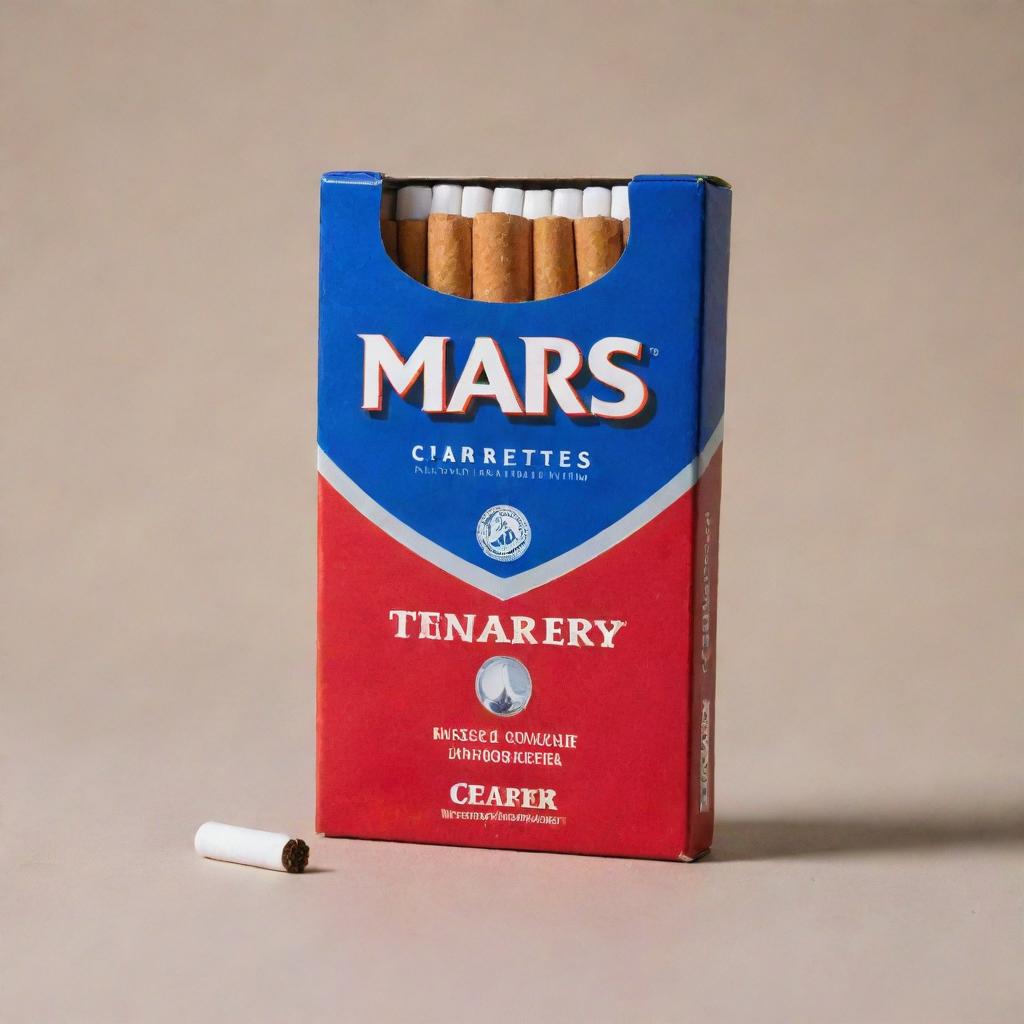 A packet of MARS brand cigarettes in vibrant packaging, featuring a click for blueberry flavour enhancement, set against a simple, neutral background.