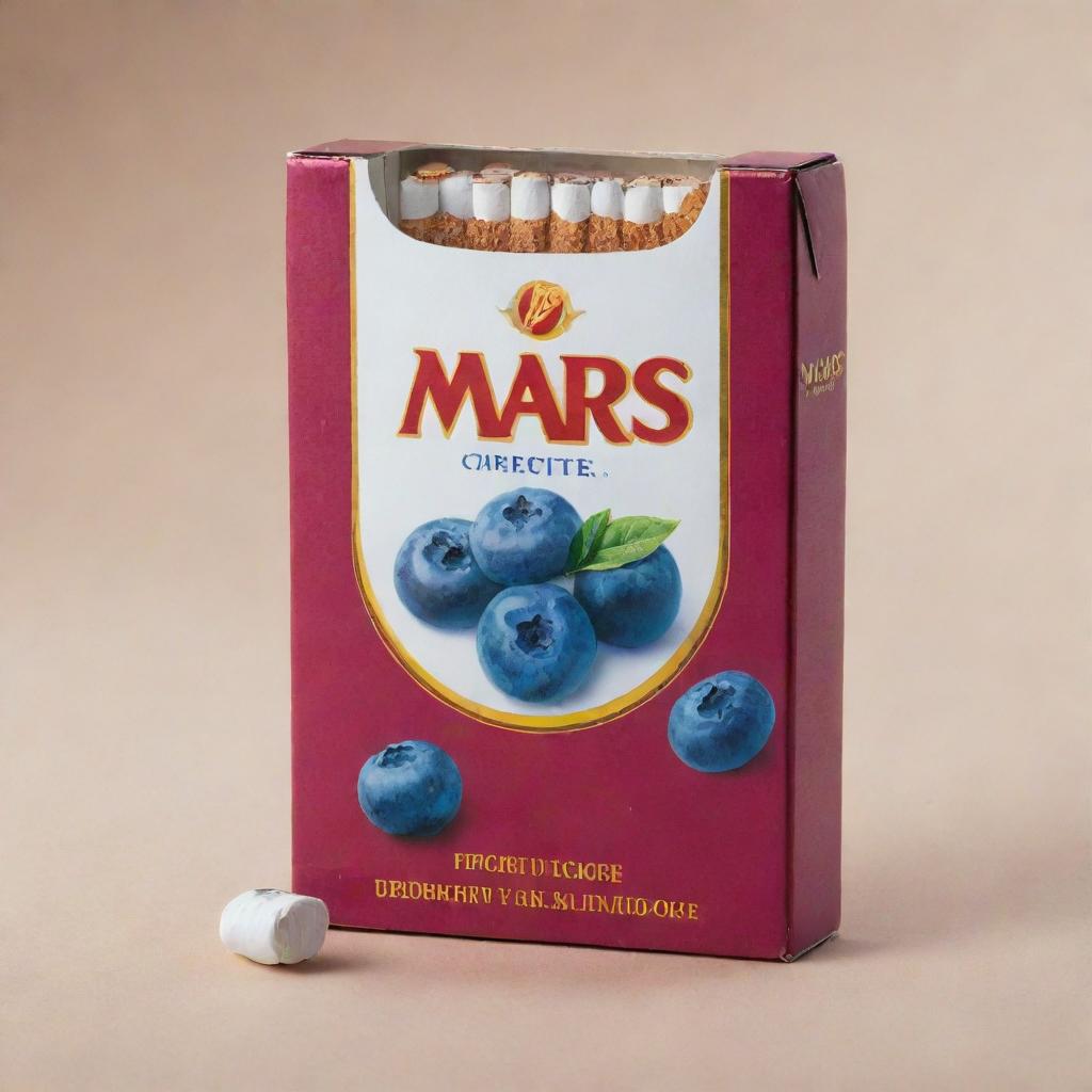 A packet of MARS brand cigarettes in vibrant packaging, featuring a click for blueberry flavour enhancement, set against a simple, neutral background.