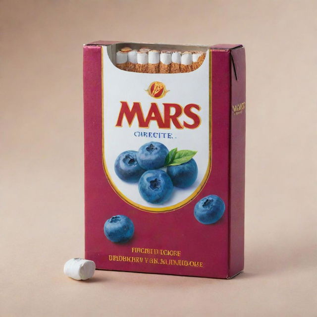 A packet of MARS brand cigarettes in vibrant packaging, featuring a click for blueberry flavour enhancement, set against a simple, neutral background.