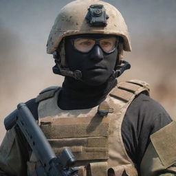 Transform the given photo into a detailed portrait of a commando marine in full gear.