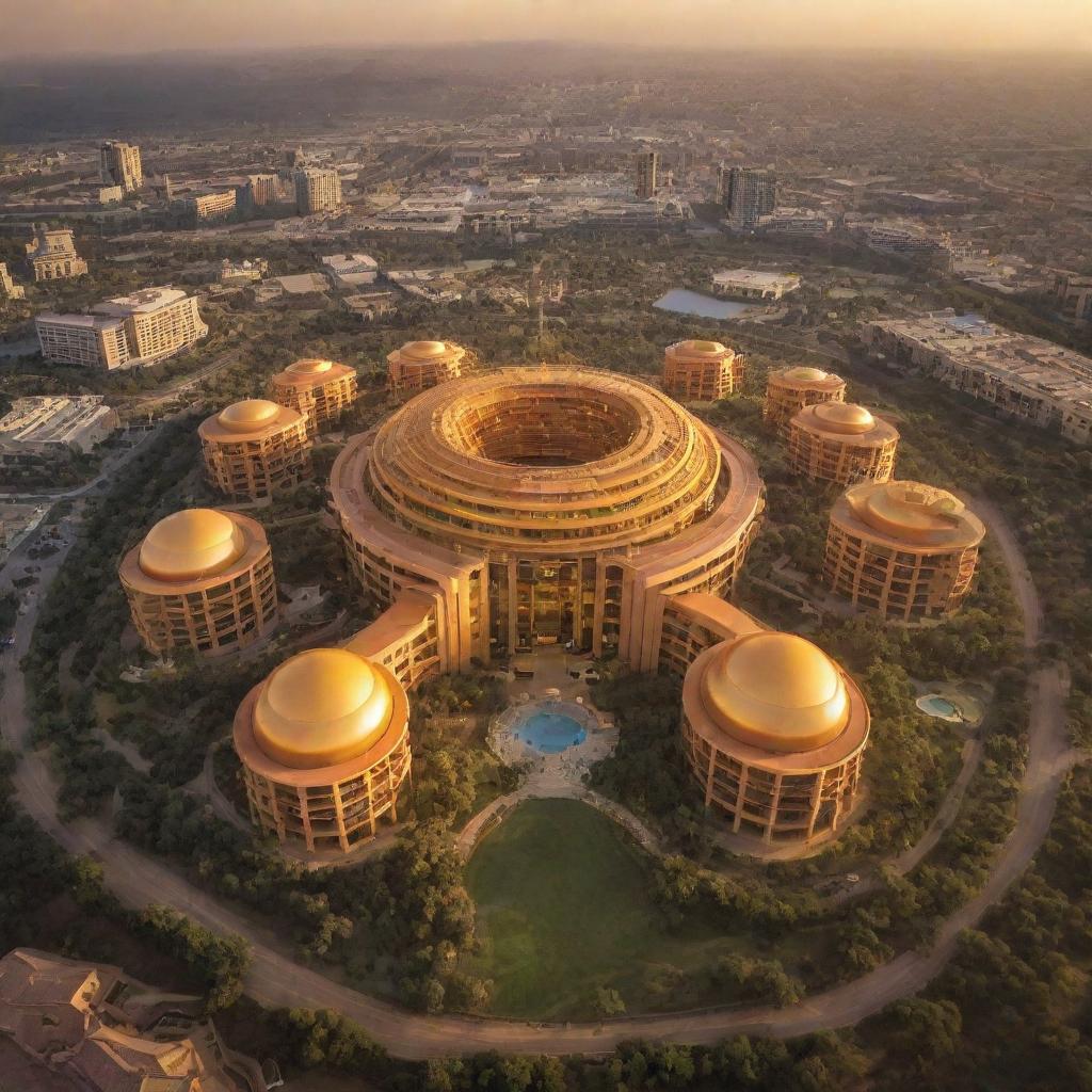 An image of the Sun City, casting a warm, golden glow on its unique architecture, designed to harness the power of the sun.