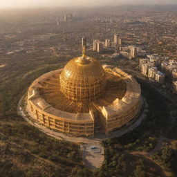 An image of the Sun City, casting a warm, golden glow on its unique architecture, designed to harness the power of the sun.