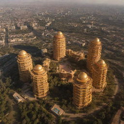 An image of the Sun City, casting a warm, golden glow on its unique architecture, designed to harness the power of the sun.