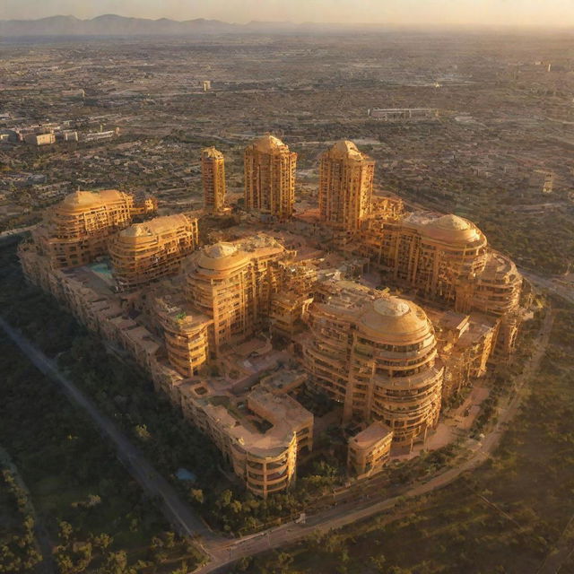 An image of the Sun City, casting a warm, golden glow on its unique architecture, designed to harness the power of the sun.