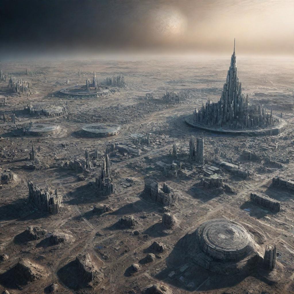 An imaginative depiction of a city on Mercury, crafted to withstand the harsh conditions of the planet, with futuristic buildings reflecting the stark, cratered landscape.