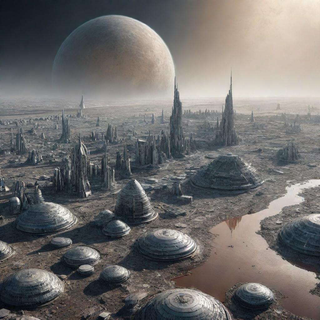 An imaginative depiction of a city on Mercury, crafted to withstand the harsh conditions of the planet, with futuristic buildings reflecting the stark, cratered landscape.