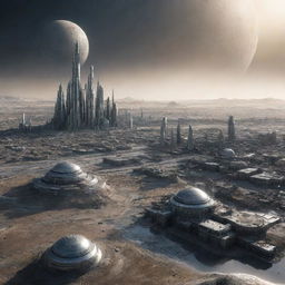 An imaginative depiction of a city on Mercury, crafted to withstand the harsh conditions of the planet, with futuristic buildings reflecting the stark, cratered landscape.