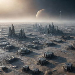 An imaginative depiction of a city on Mercury, crafted to withstand the harsh conditions of the planet, with futuristic buildings reflecting the stark, cratered landscape.