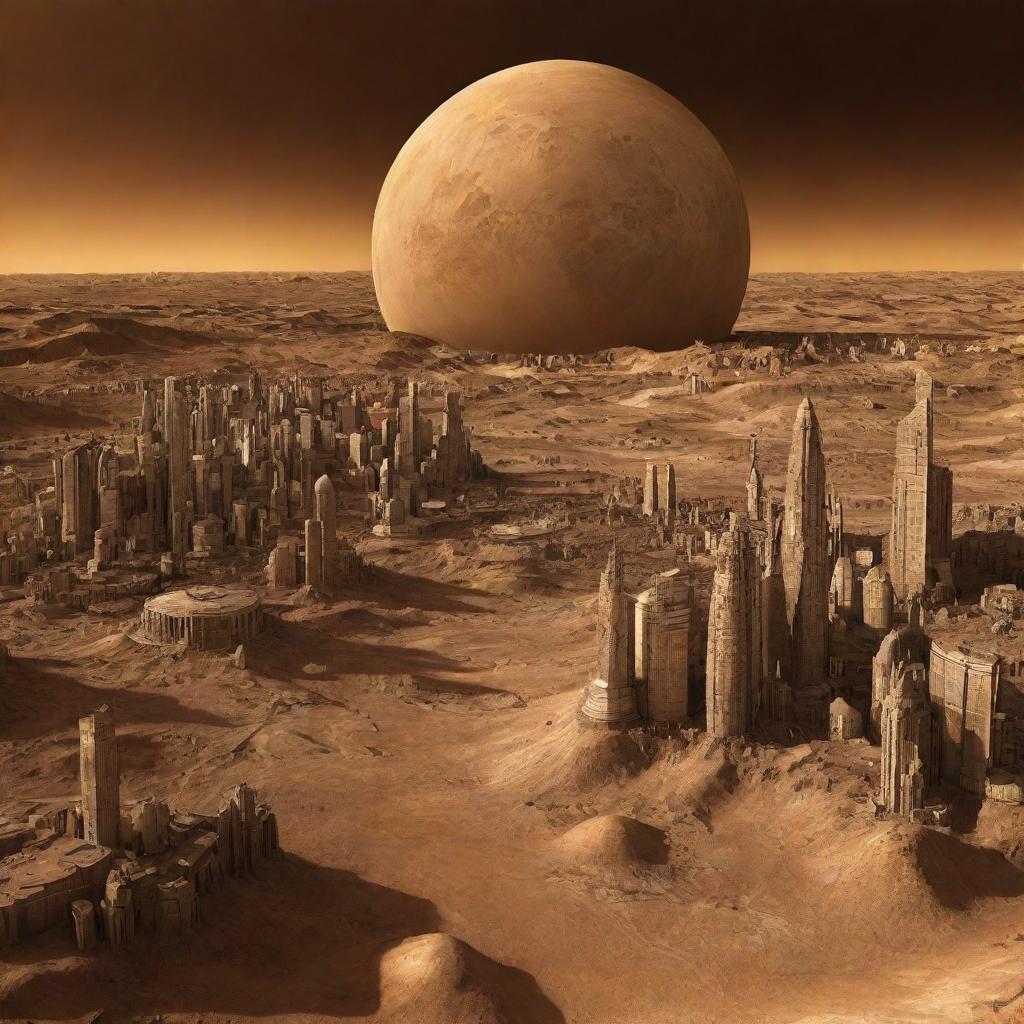 An artistic representation of a city on Venus, designed to survive the planet's hostile atmosphere and intense heat, with architectural elements reflecting Venus' unique topography.