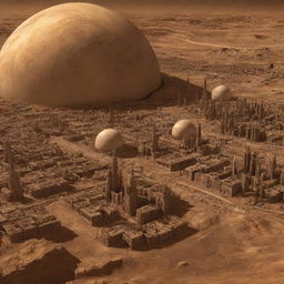 An artistic representation of a city on Venus, designed to survive the planet's hostile atmosphere and intense heat, with architectural elements reflecting Venus' unique topography.