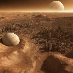 An artistic representation of a city on Venus, designed to survive the planet's hostile atmosphere and intense heat, with architectural elements reflecting Venus' unique topography.