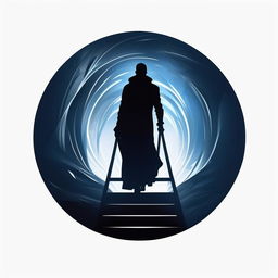 Create a logo featuring a silhouette of a mysterious figure ascending a ladder, set against a transparent background with blue color accents, embodying ambition and intrigue.