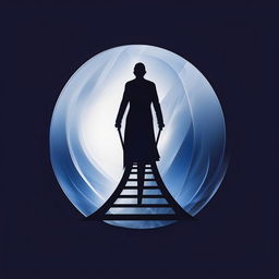 Create a logo featuring a silhouette of a mysterious figure ascending a ladder, set against a transparent background with blue color accents, embodying ambition and intrigue.