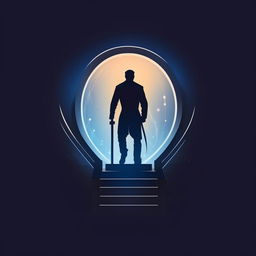 Create a logo featuring a silhouette of a mysterious figure ascending a ladder, set against a transparent background with blue color accents, embodying ambition and intrigue.