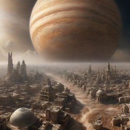 An imaginative image of a city on Jupiter, suspended amidst the swirling gas clouds, with futuristic architecture designed to withstand Jupiter's extreme weather conditions.