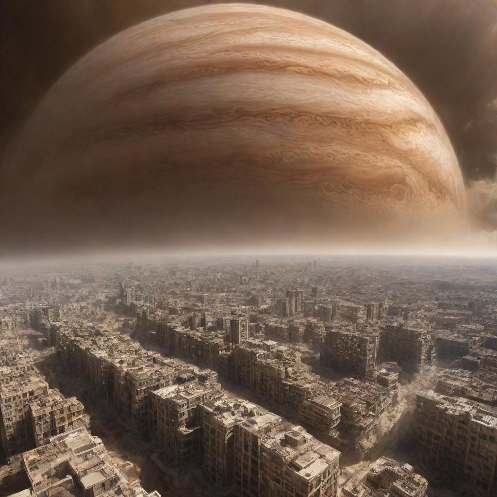 An imaginative image of a city on Jupiter, suspended amidst the swirling gas clouds, with futuristic architecture designed to withstand Jupiter's extreme weather conditions.