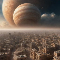 An imaginative image of a city on Jupiter, suspended amidst the swirling gas clouds, with futuristic architecture designed to withstand Jupiter's extreme weather conditions.