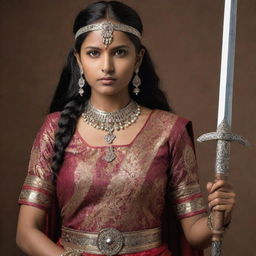 An inspiring warrior Indian princess, dressed in traditional attire, holding a magnificently engraved sword with authority and determination.