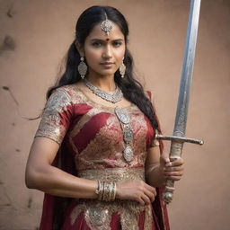 An inspiring warrior Indian princess, dressed in traditional attire, holding a magnificently engraved sword with authority and determination.