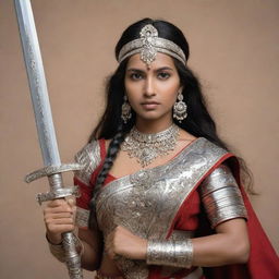 An inspiring warrior Indian princess, dressed in traditional attire, holding a magnificently engraved sword with authority and determination.