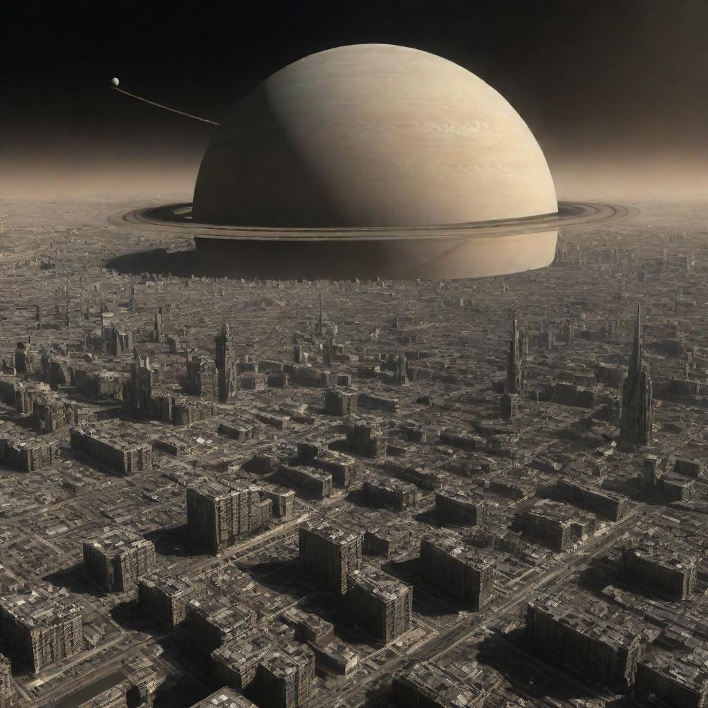 A visually striking image of a city on Saturn, with space-age infrastructure designed to survive within a gas giant, set against the backdrop of Saturn's iconic rings.