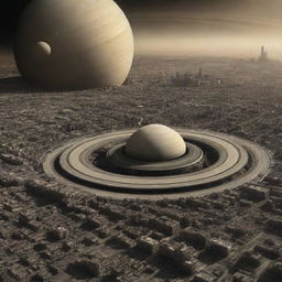 A visually striking image of a city on Saturn, with space-age infrastructure designed to survive within a gas giant, set against the backdrop of Saturn's iconic rings.