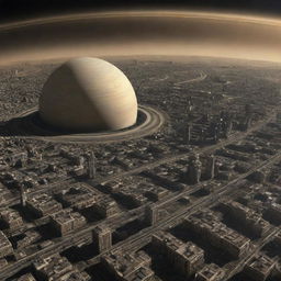 A visually striking image of a city on Saturn, with space-age infrastructure designed to survive within a gas giant, set against the backdrop of Saturn's iconic rings.