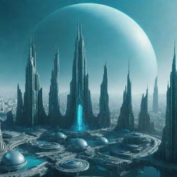 A mystical image of a city on Uranus, showcasing futuristic architecture built to endure the chilly conditions, against the cyan backdrop of the planet.