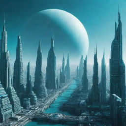 A mystical image of a city on Uranus, showcasing futuristic architecture built to endure the chilly conditions, against the cyan backdrop of the planet.